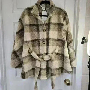 Wonderly Women's Plaid Shacket Belted Front Button Cape, Size OS NWT